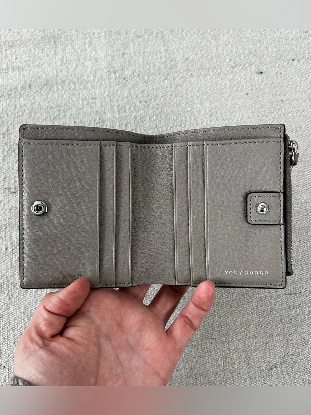 Tory Burch grey pebbled leather bifold wallet